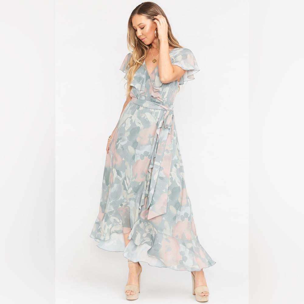Show Me Your Mumu Jess Ruffle Midi Dress in Sage I Do Floral size M Medium